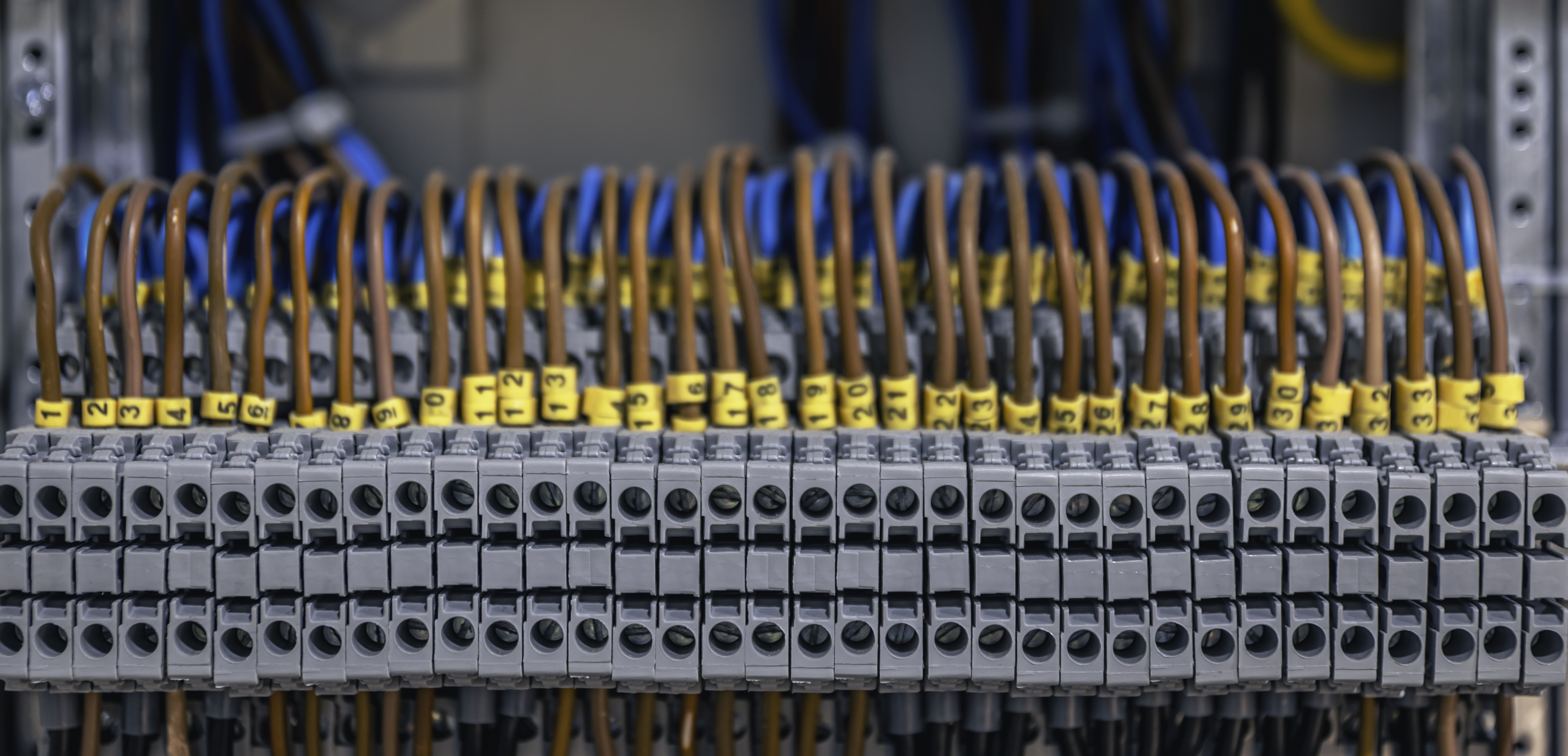Terminal rail with numbered wiring inside a distribution panel